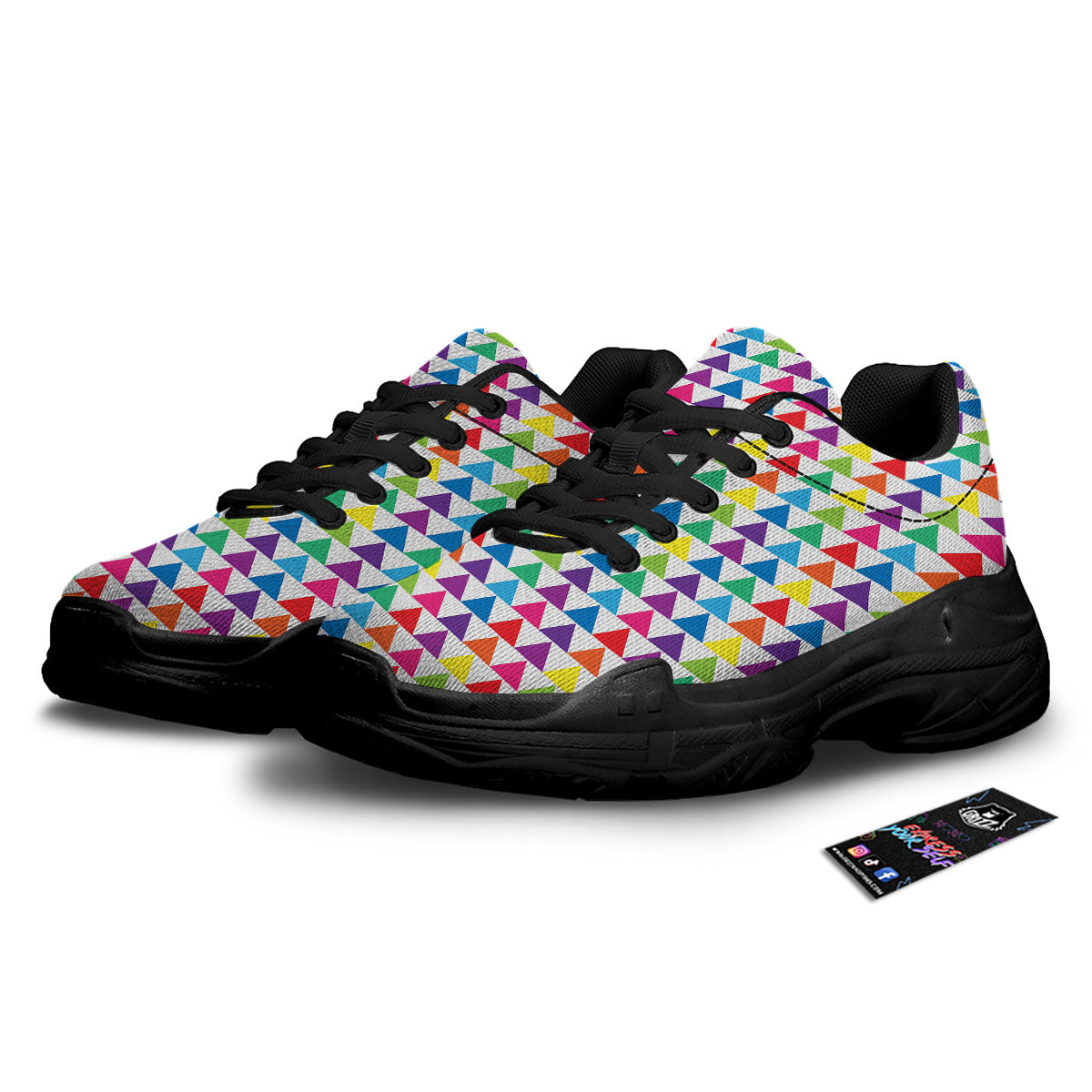 Triangles Rainbow Print Pattern Black Chunky Shoes-grizzshop