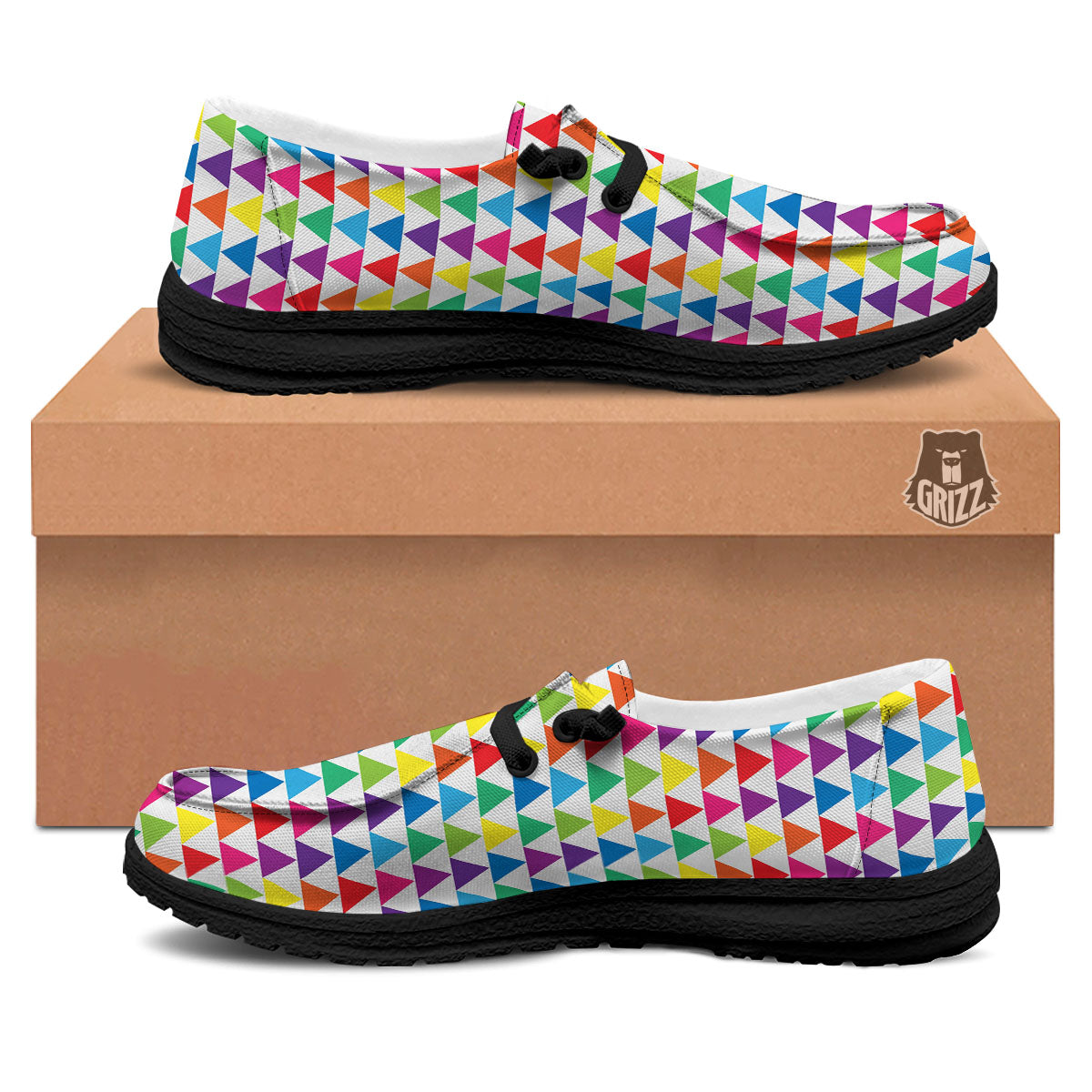 Triangles Rainbow Print Pattern Black Loafers-grizzshop