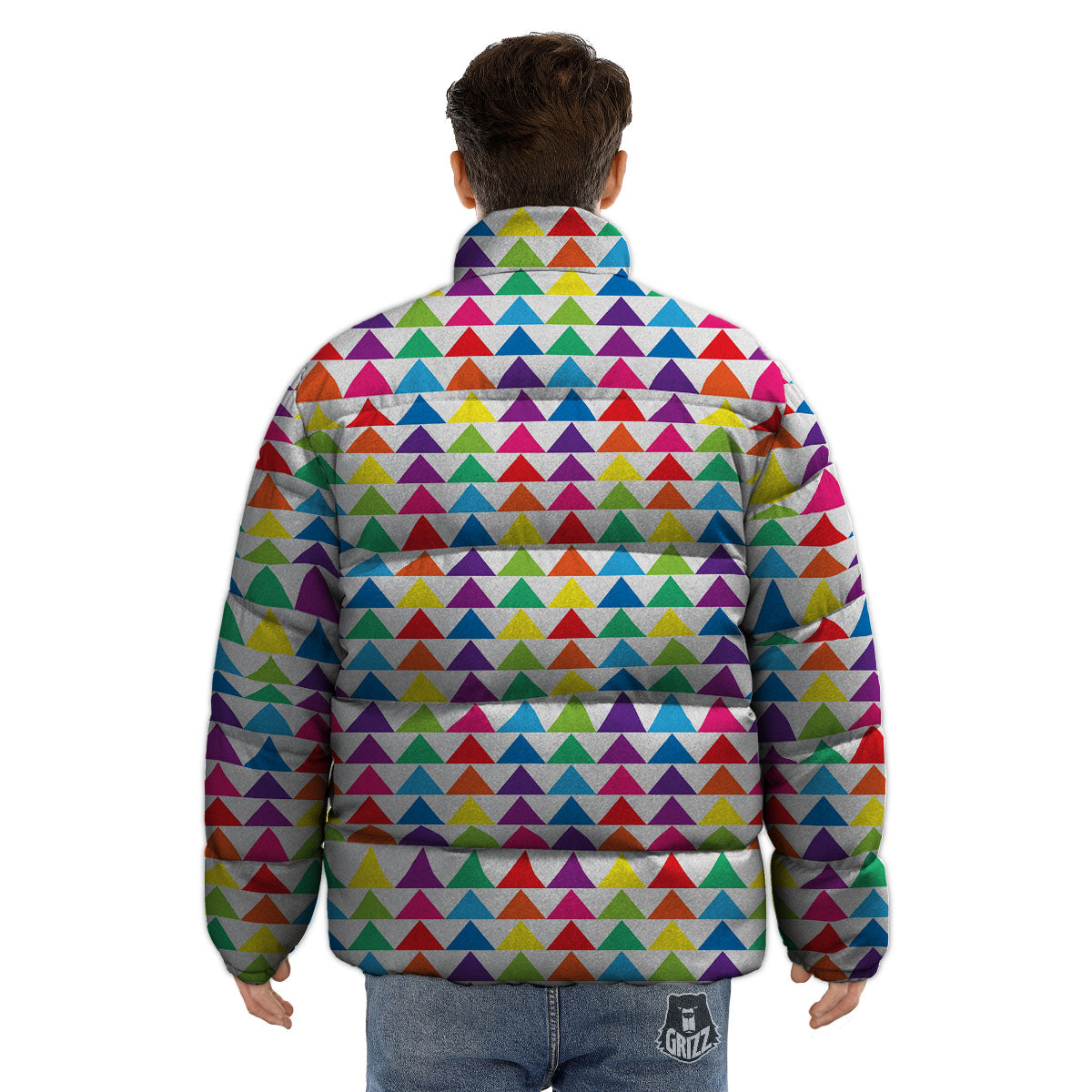 Triangles Rainbow Print Pattern Puffer Jacket-grizzshop