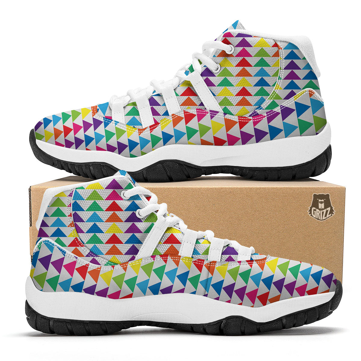 Triangles Rainbow Print Pattern White Bball Shoes-grizzshop