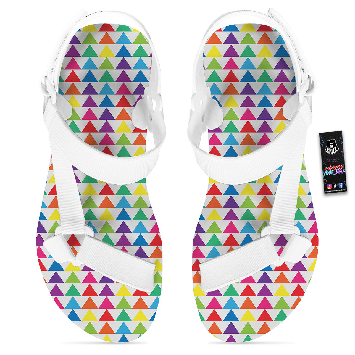 Triangles Rainbow Print Pattern White Open Toe Sandals-grizzshop