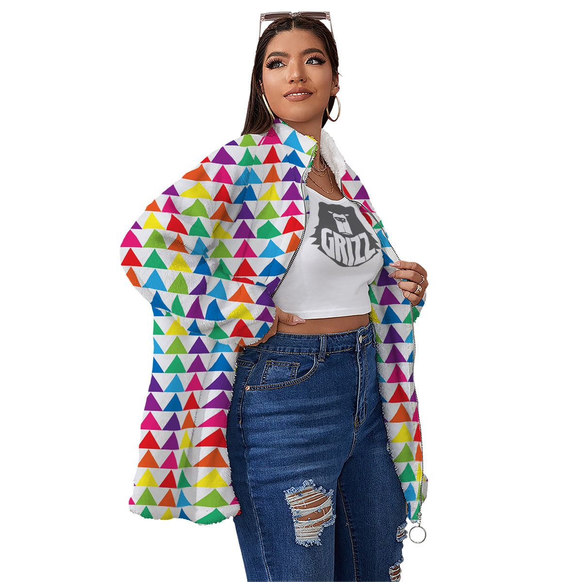 Triangles Rainbow Print Pattern Women's Sherpa Jacket-grizzshop
