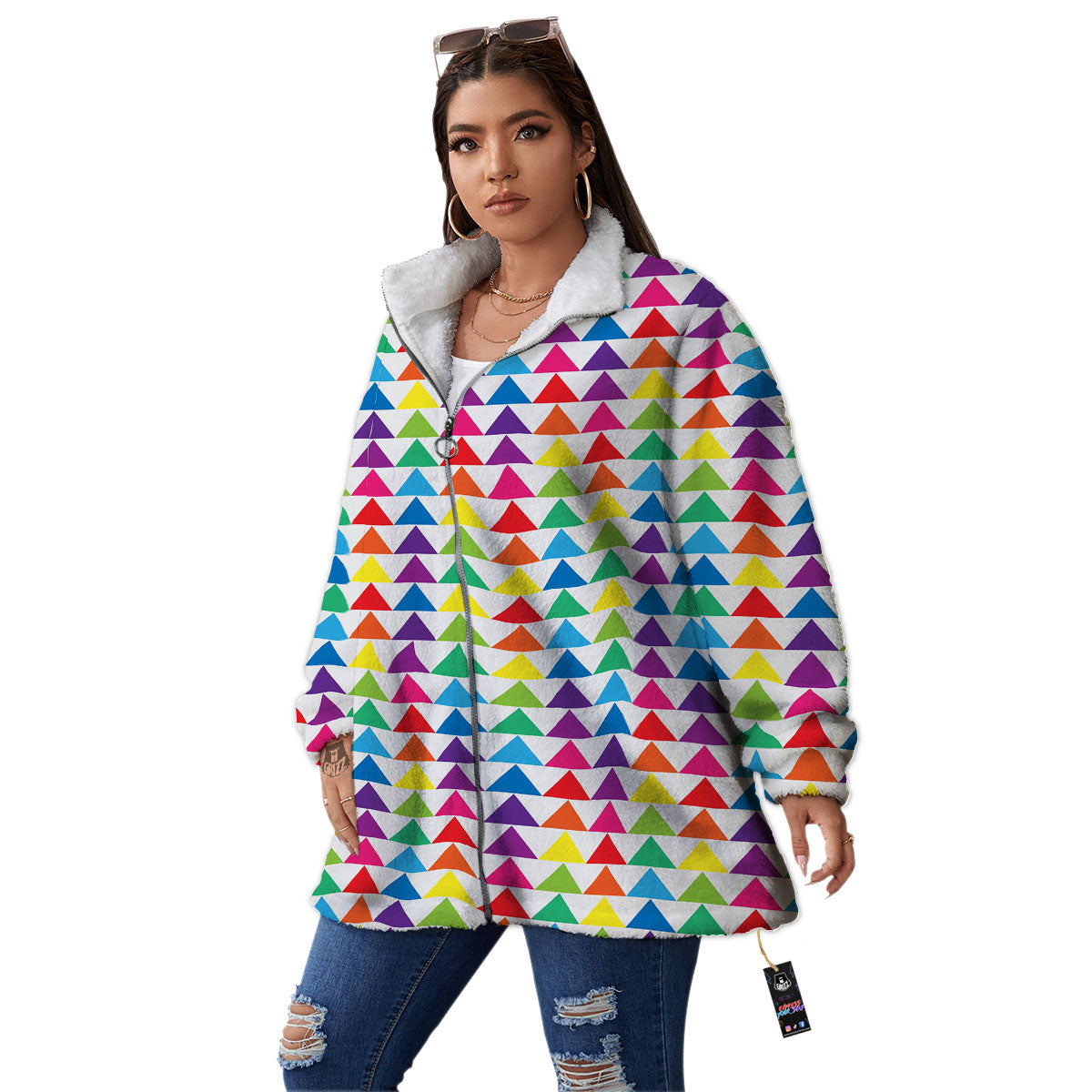 Triangles Rainbow Print Pattern Women's Sherpa Jacket-grizzshop