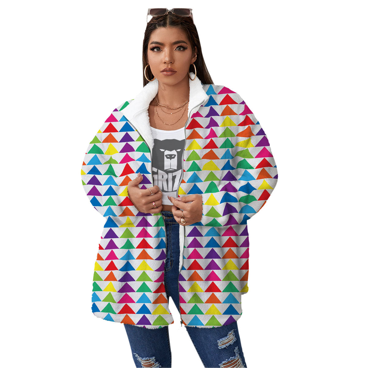Triangles Rainbow Print Pattern Women's Sherpa Jacket-grizzshop
