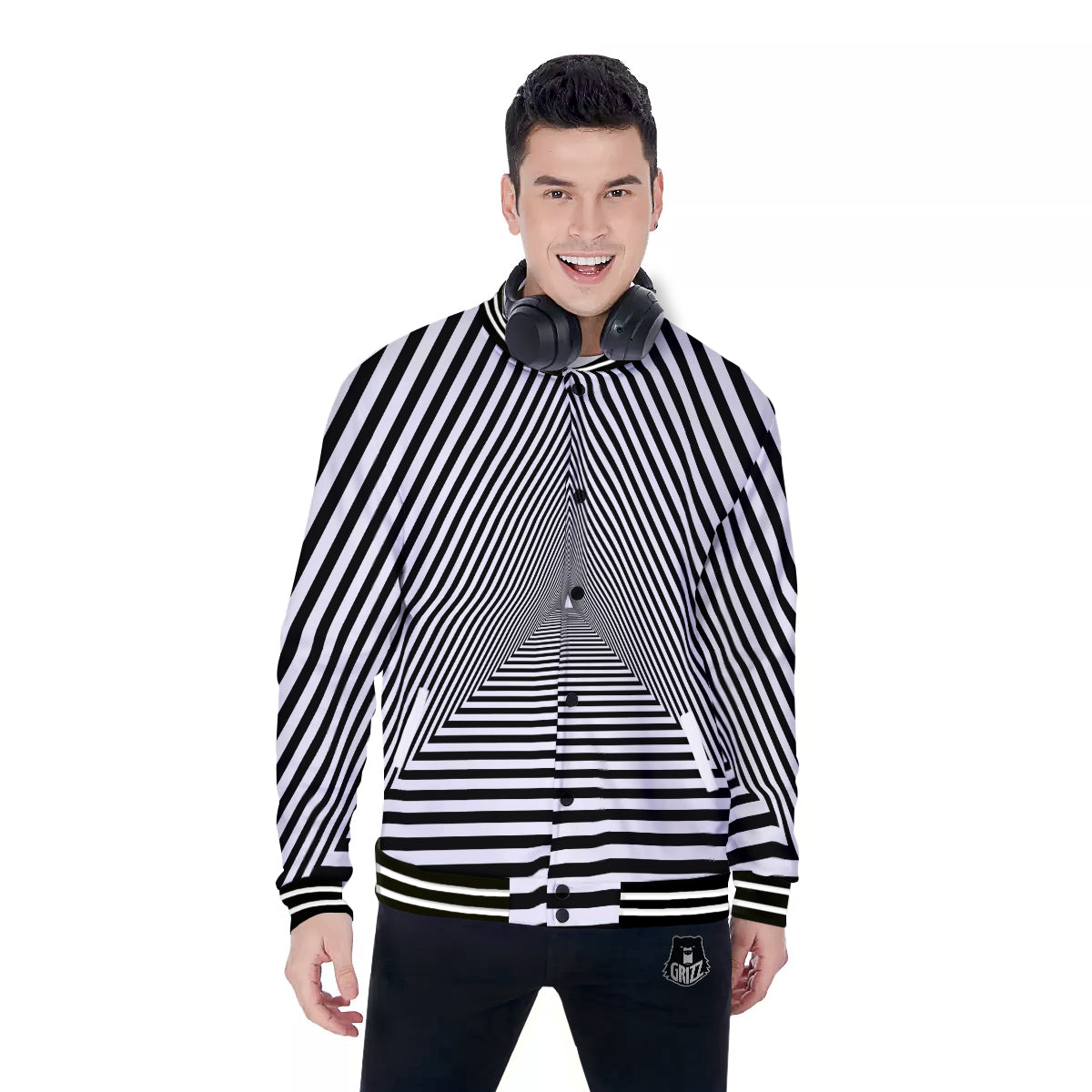TriangularTunnel Black And White Print Baseball Jacket-grizzshop