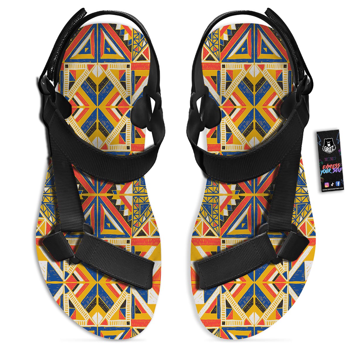 Tribal African Ethnic Sunset Print Pattern Black Open Toe Sandals-grizzshop