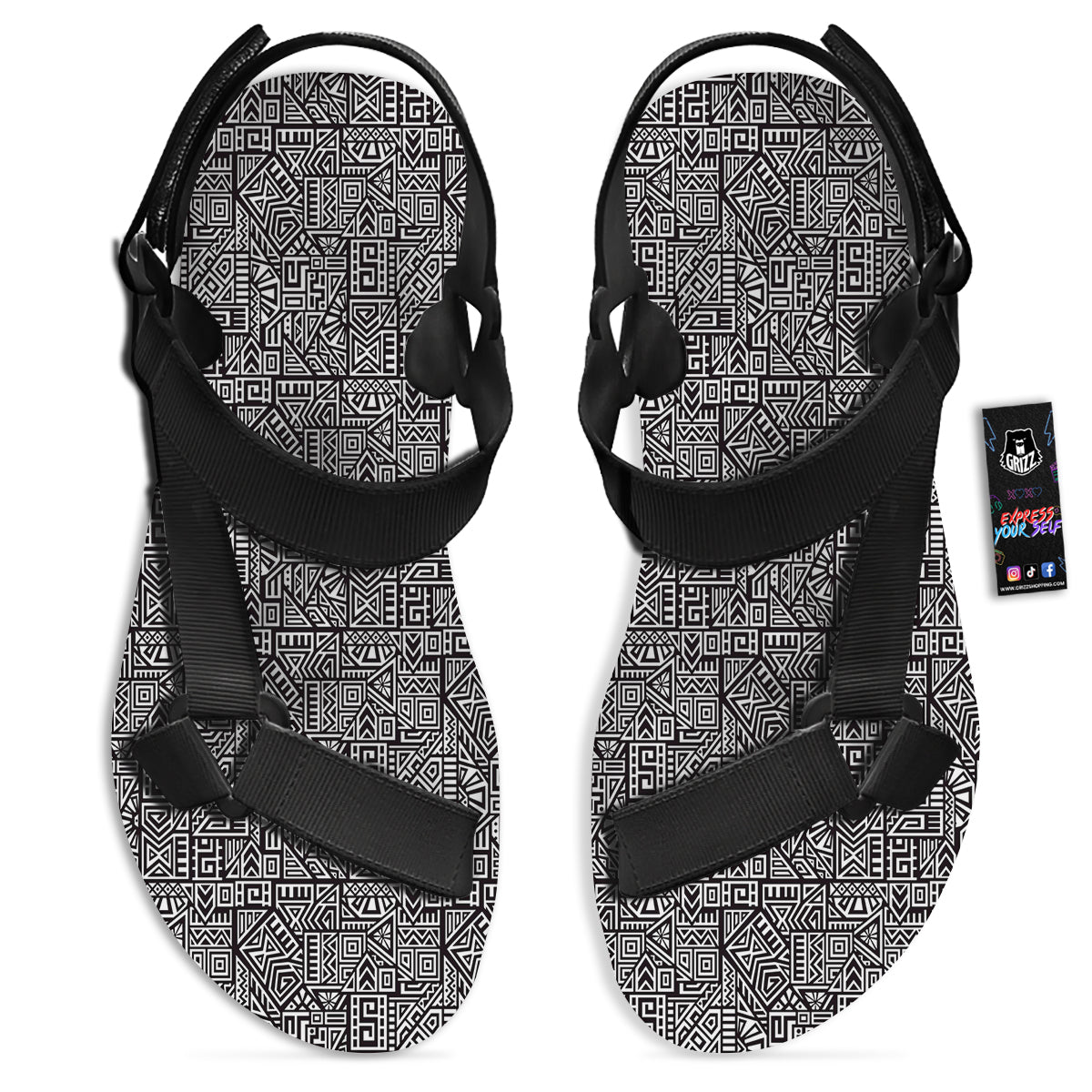 Tribal Ancient Aztec Print Pattern Black Open Toe Sandals-grizzshop