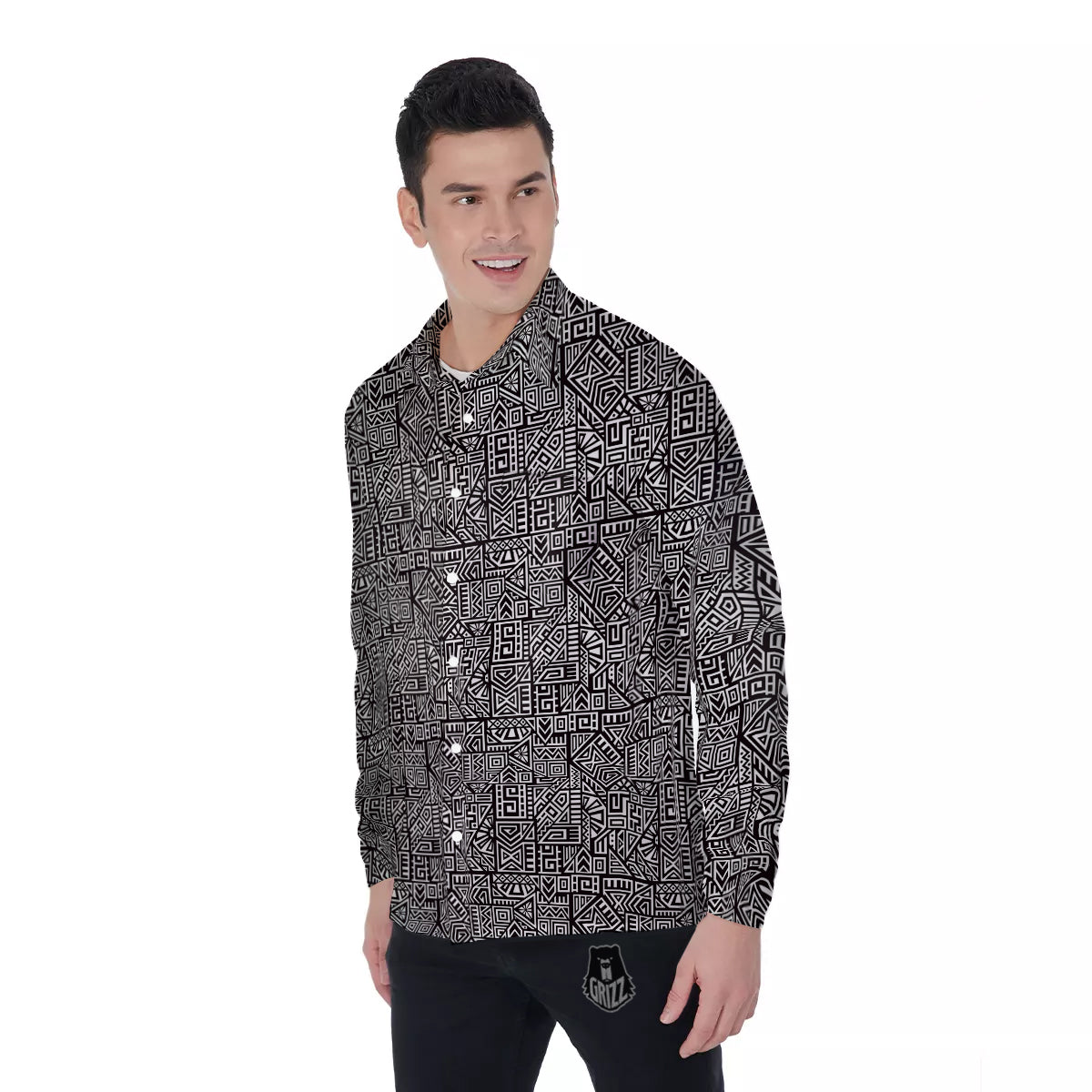Tribal Ancient Aztec Print Pattern Men's Long Sleeve Shirts-grizzshop