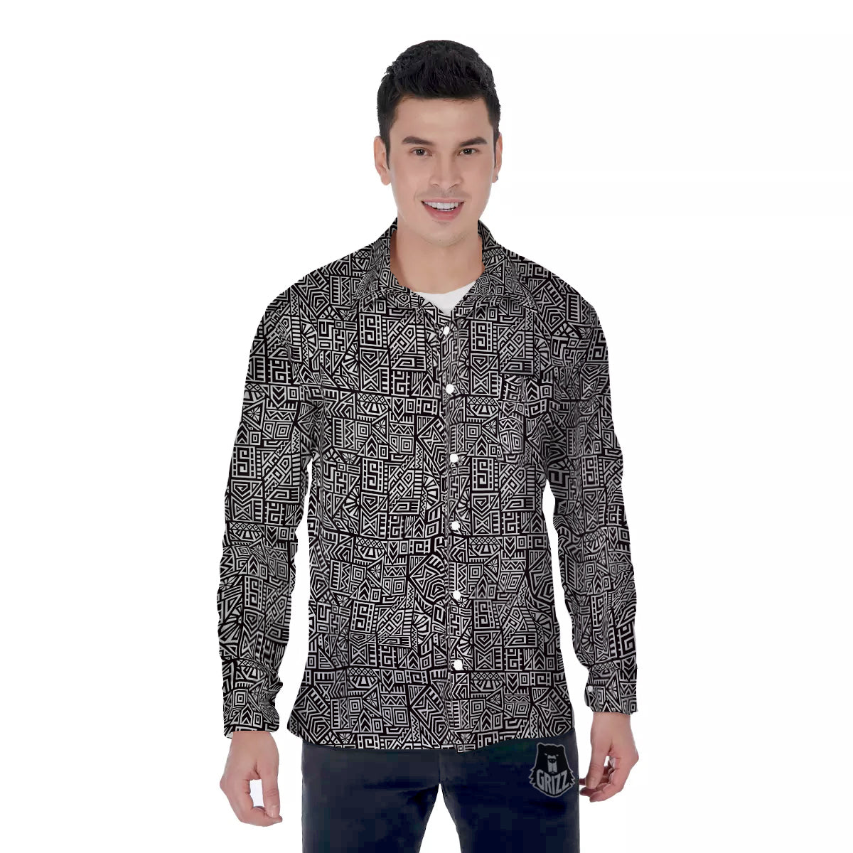 Tribal Ancient Aztec Print Pattern Men's Long Sleeve Shirts-grizzshop