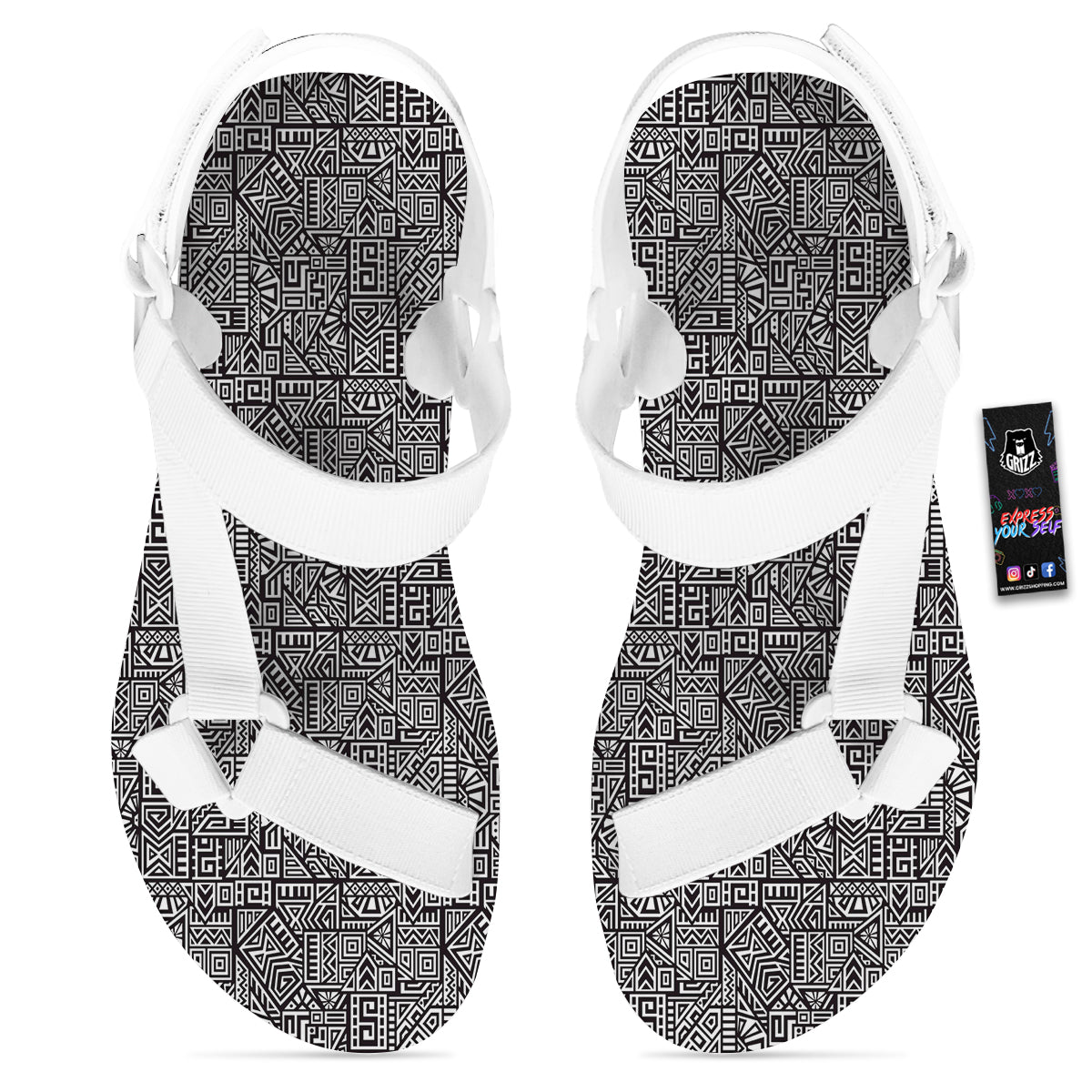 Tribal Ancient Aztec Print Pattern White Open Toe Sandals-grizzshop