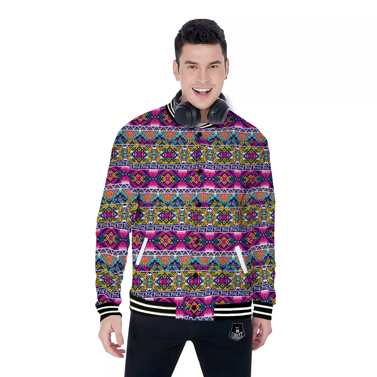 Tribal Aztec Colorful Print Pattern Baseball Jacket-grizzshop