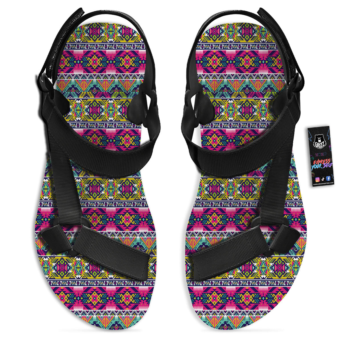 Tribal Aztec Colorful Print Pattern Black Open Toe Sandals-grizzshop