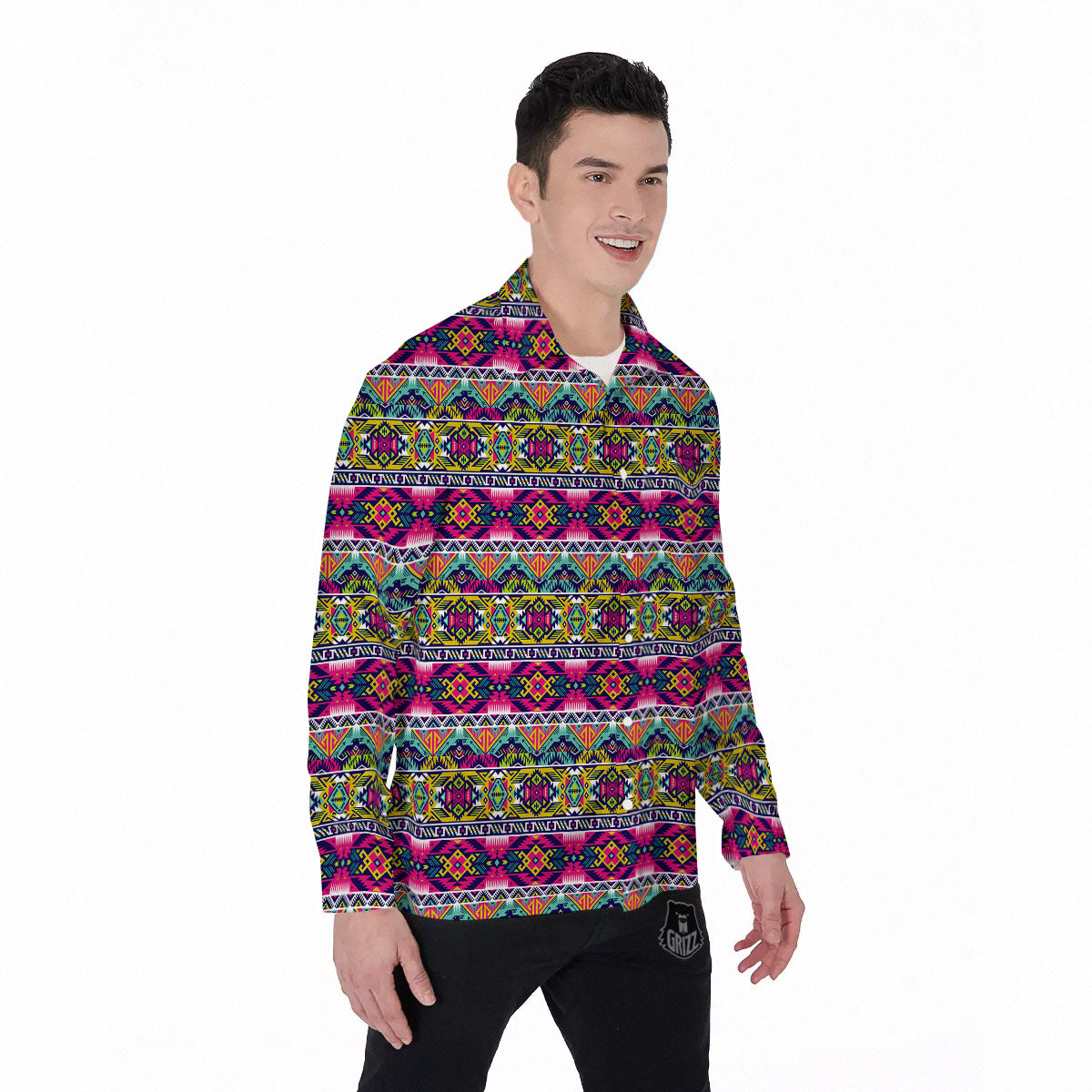 Tribal Aztec Colorful Print Pattern Men's Long Sleeve Shirts-grizzshop