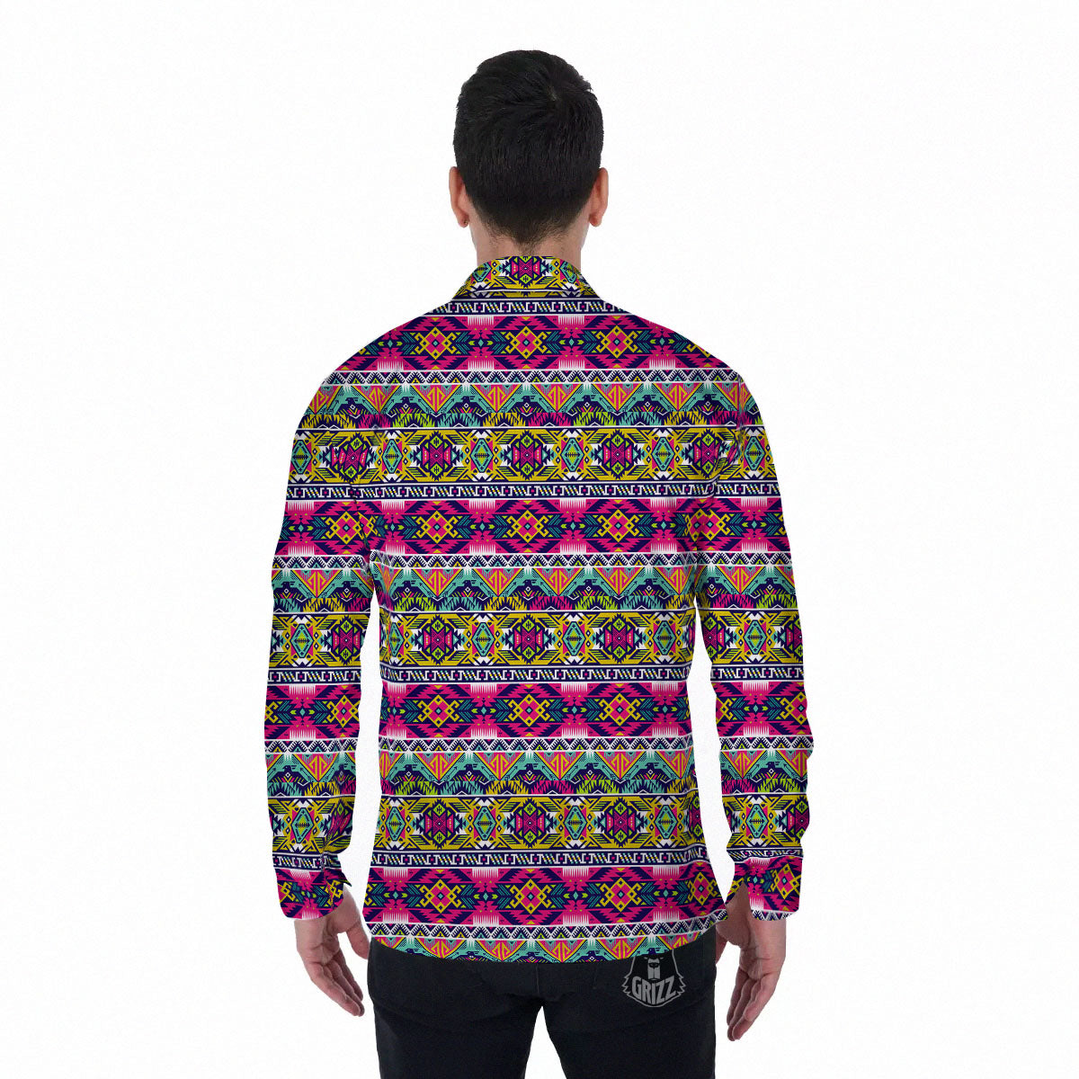 Tribal Aztec Colorful Print Pattern Men's Long Sleeve Shirts-grizzshop