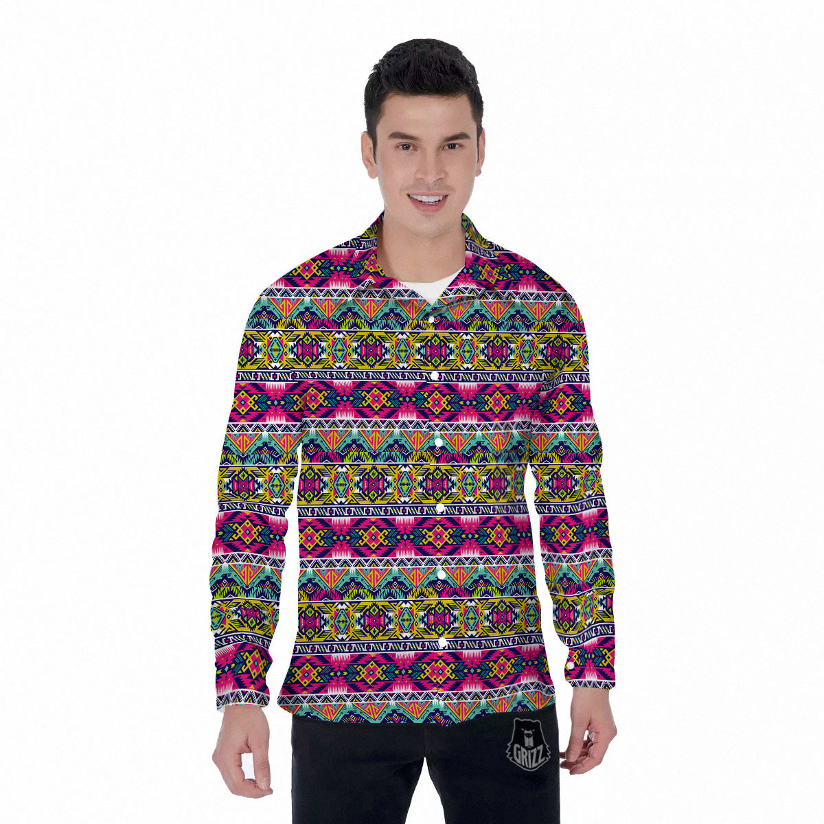 Tribal Aztec Colorful Print Pattern Men's Long Sleeve Shirts-grizzshop