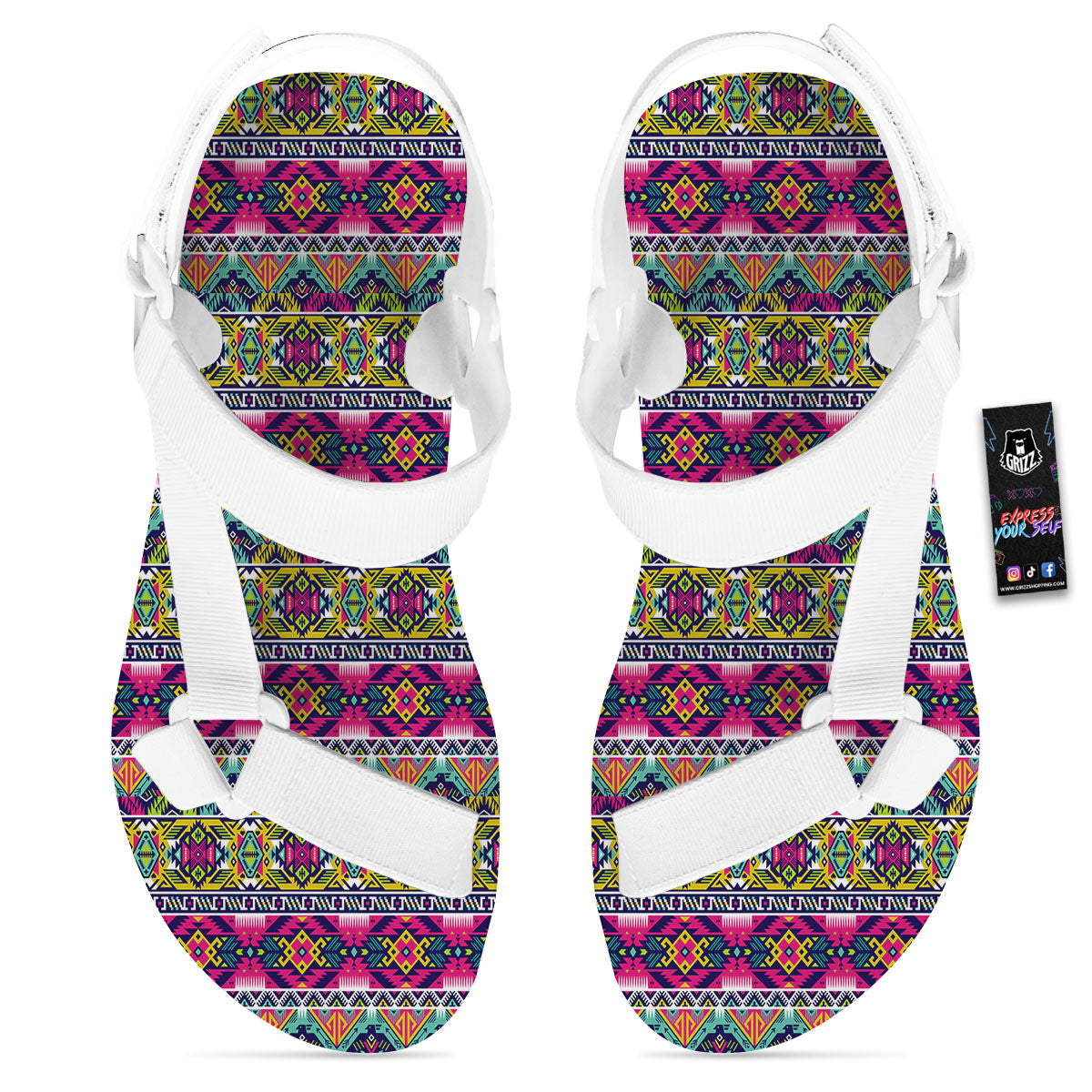 Tribal Aztec Colorful Print Pattern White Open Toe Sandals-grizzshop
