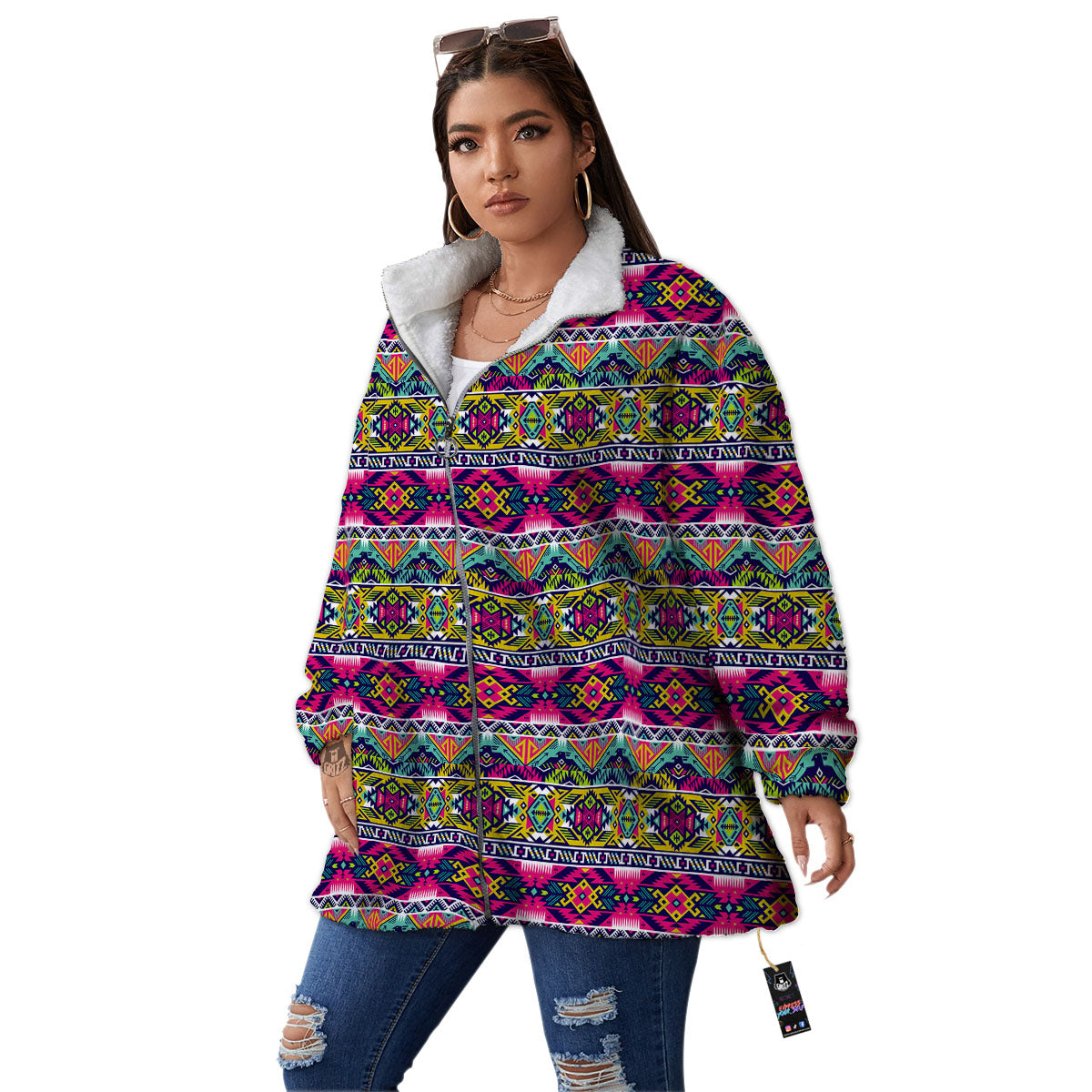 Tribal Aztec Colorful Print Pattern Women's Sherpa Jacket-grizzshop