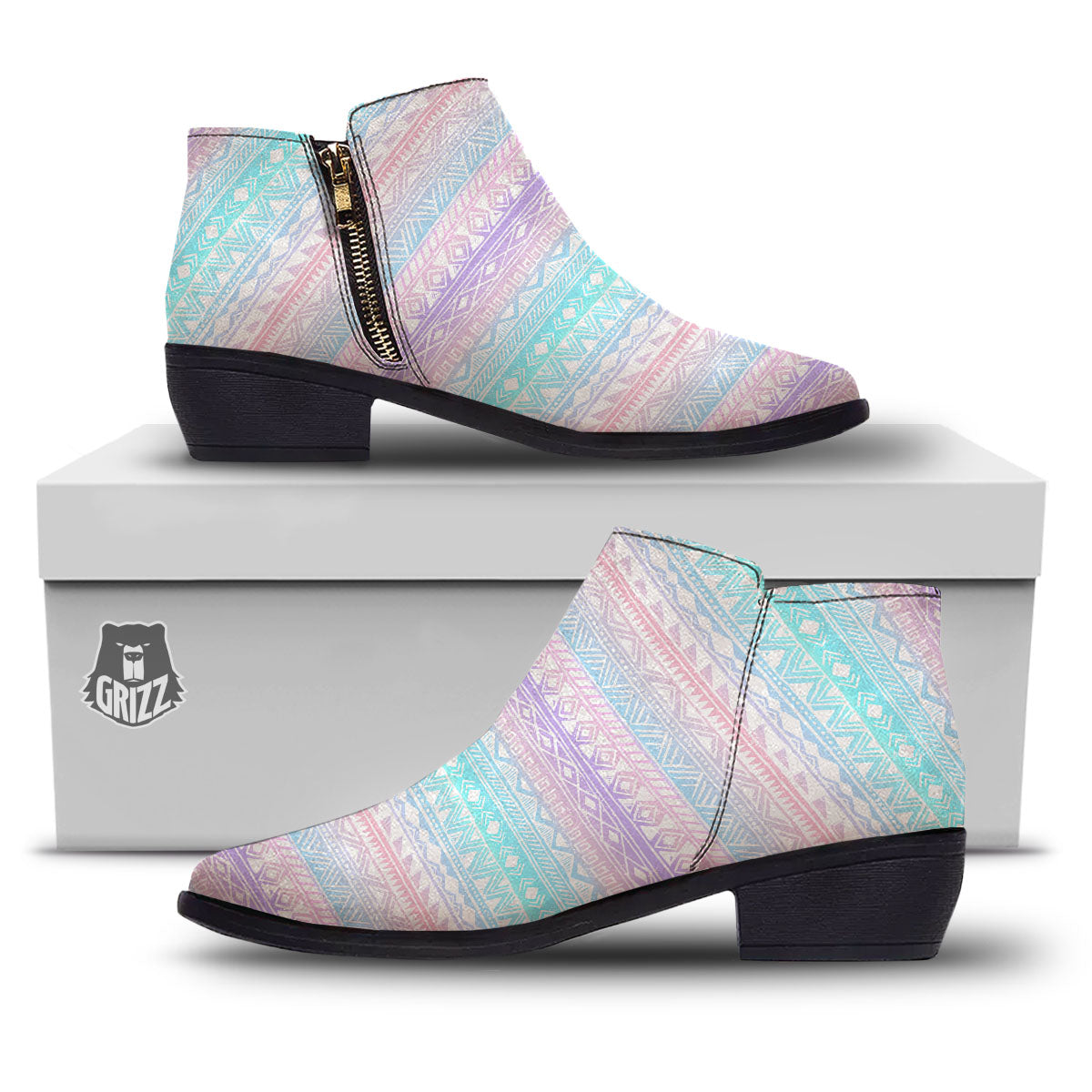 Tribal Aztec Pastel Print Pattern Ankle Boots-grizzshop