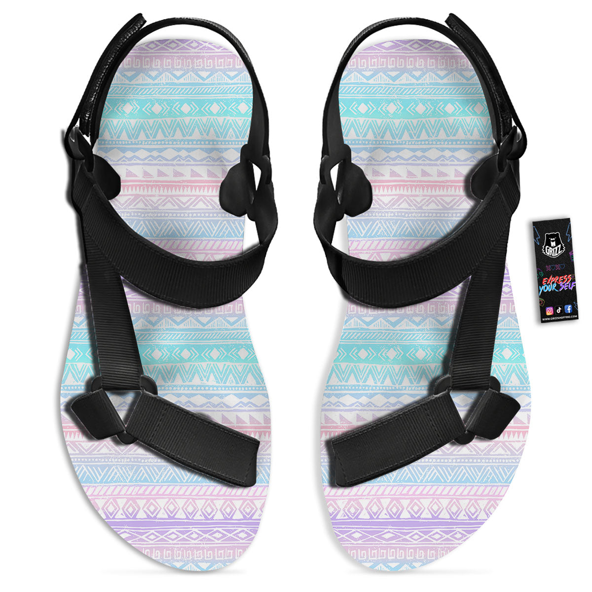 Tribal Aztec Pastel Print Pattern Black Open Toe Sandals-grizzshop