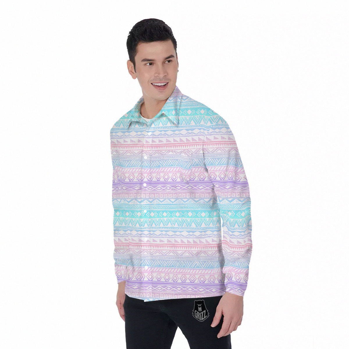 Tribal Aztec Pastel Print Pattern Men's Long Sleeve Shirts-grizzshop