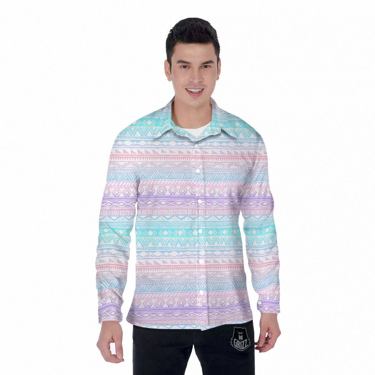 Tribal Aztec Pastel Print Pattern Men's Long Sleeve Shirts-grizzshop