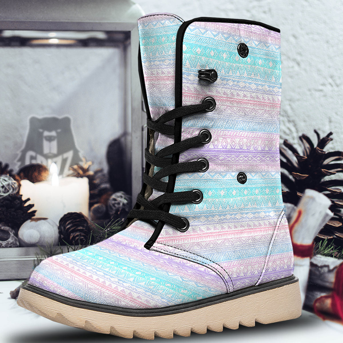 Tribal Aztec Pastel Print Pattern Snow Boots-grizzshop