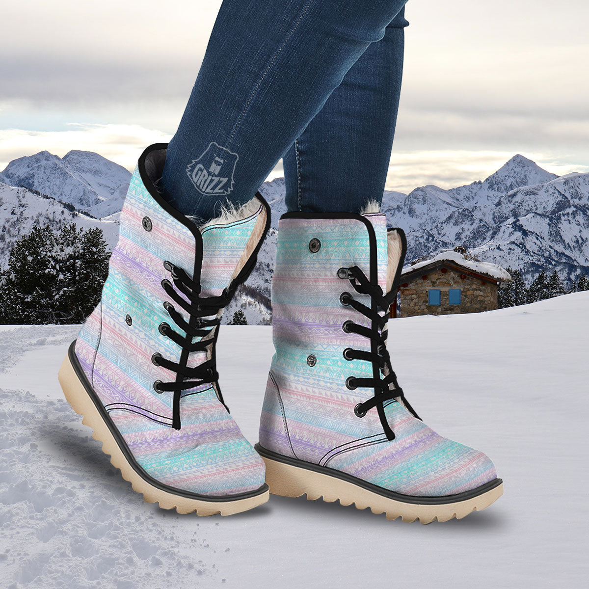 Tribal Aztec Pastel Print Pattern Snow Boots-grizzshop