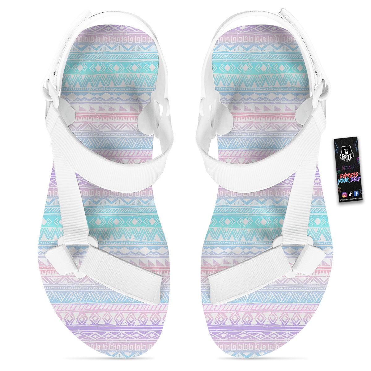 Tribal Aztec Pastel Print Pattern White Open Toe Sandals-grizzshop