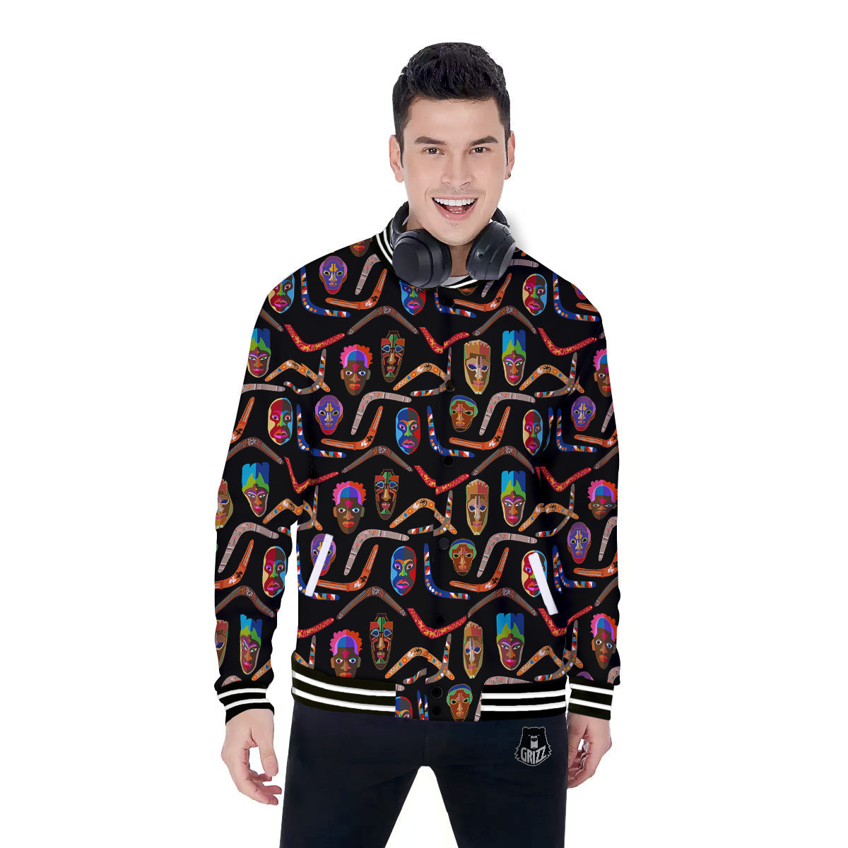 Tribal Boomerangs Print Pattern Baseball Jacket-grizzshop