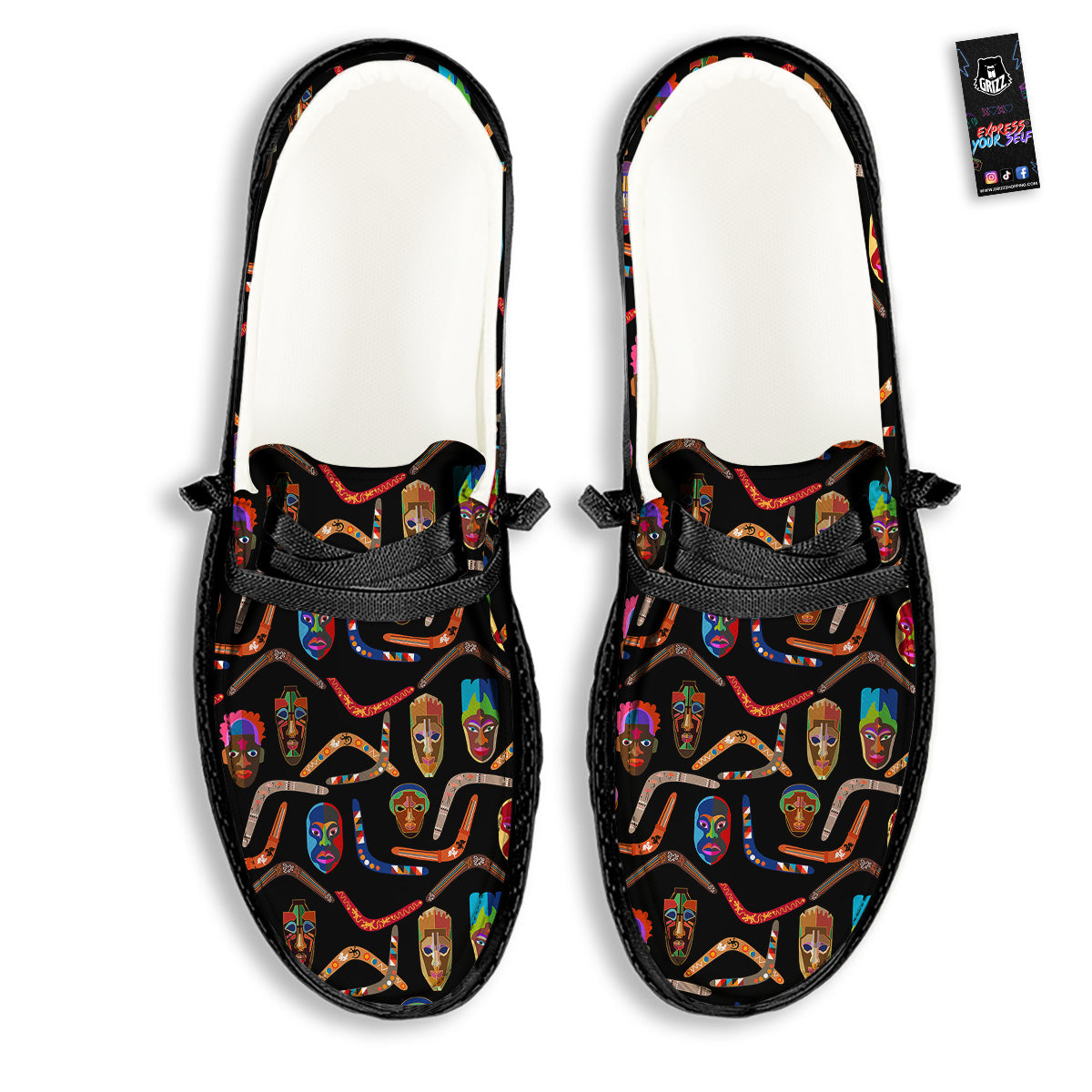 Tribal Boomerangs Print Pattern Black Loafers-grizzshop