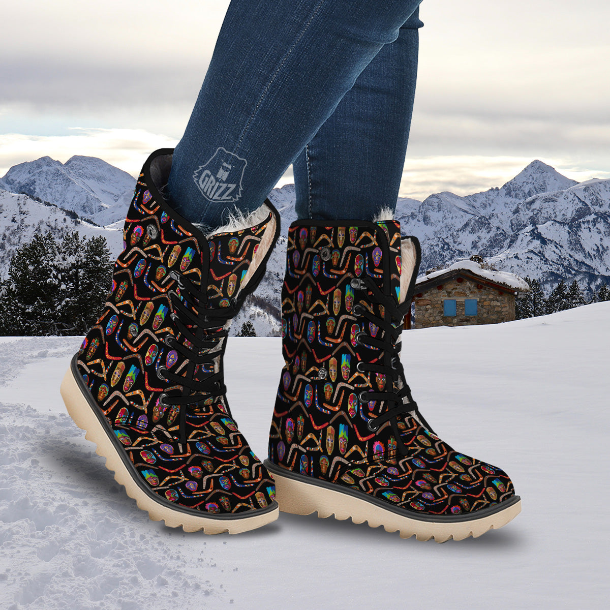 Tribal Boomerangs Print Pattern Snow Boots-grizzshop