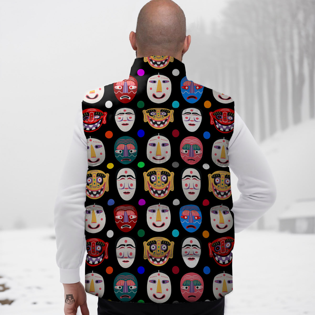 Traditional Korean Masks Print Pattern Down Vest
