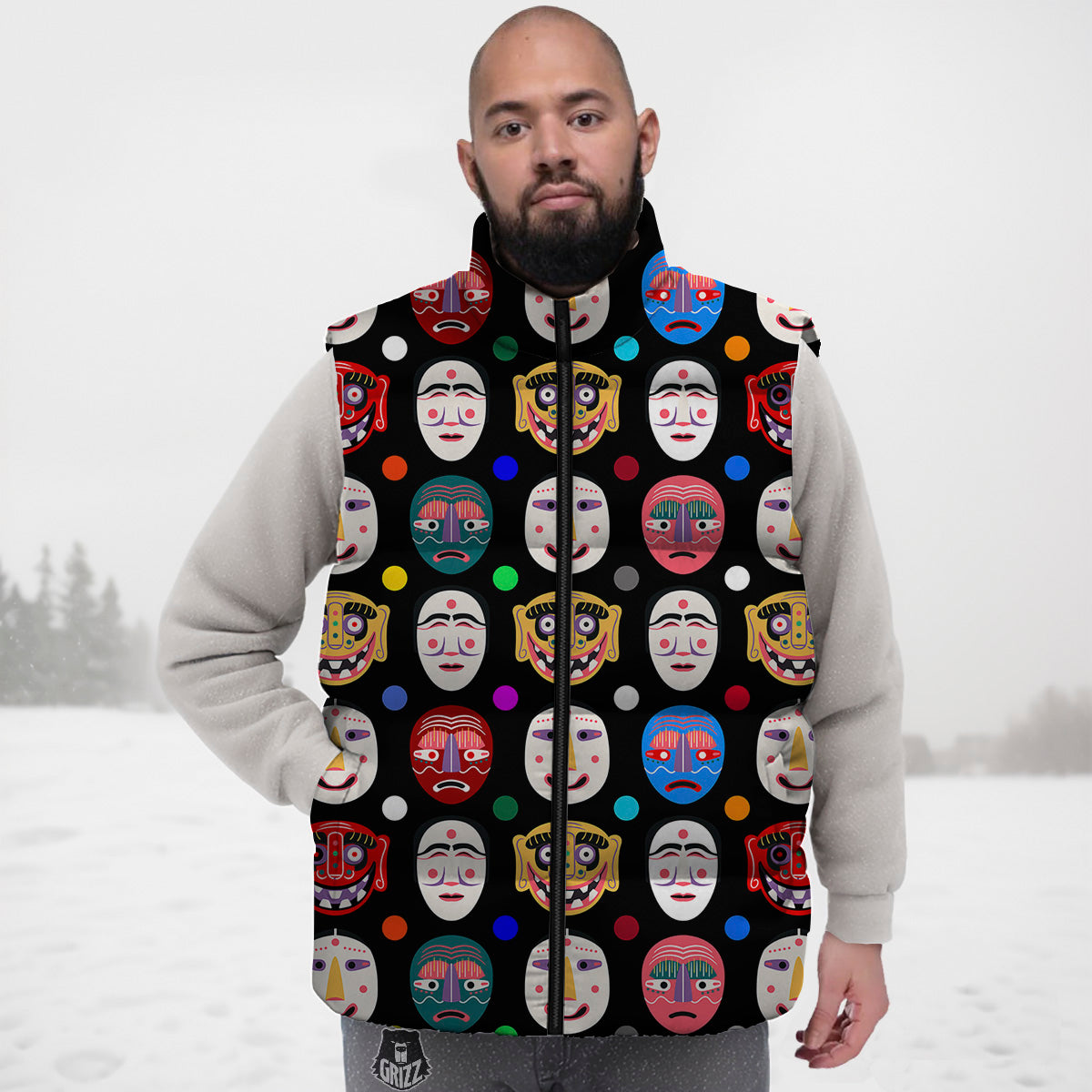 Traditional Korean Masks Print Pattern Down Vest