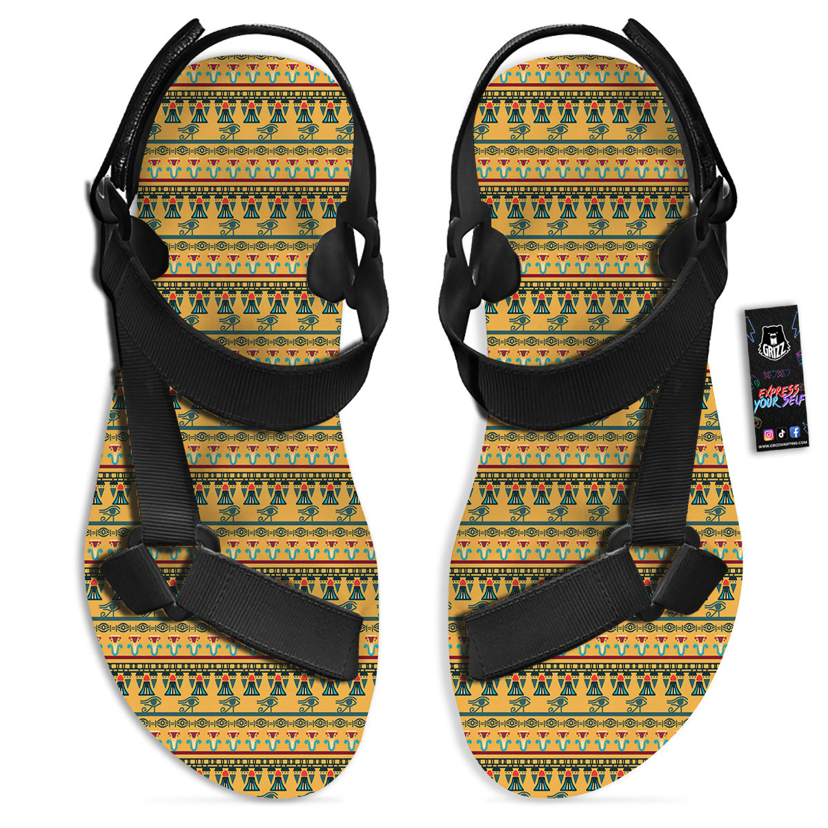 Tribal Egyptian Print Pattern Black Open Toe Sandals-grizzshop