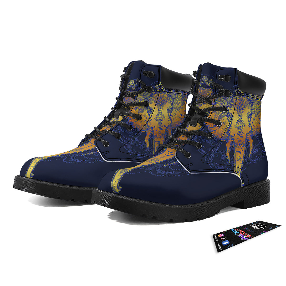 Tribal Elephant Gold And Blue Print Boots-grizzshop