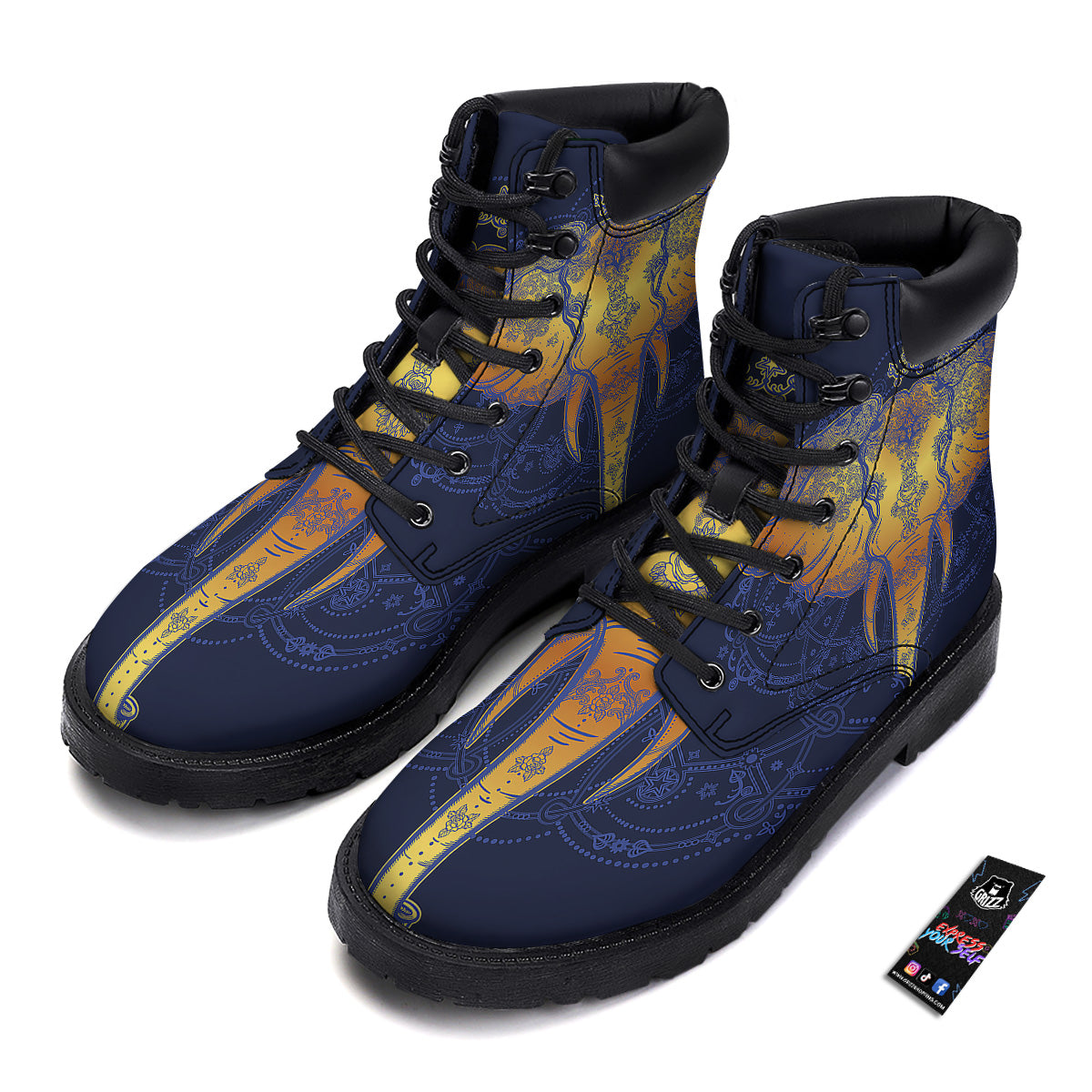 Tribal Elephant Gold And Blue Print Boots-grizzshop