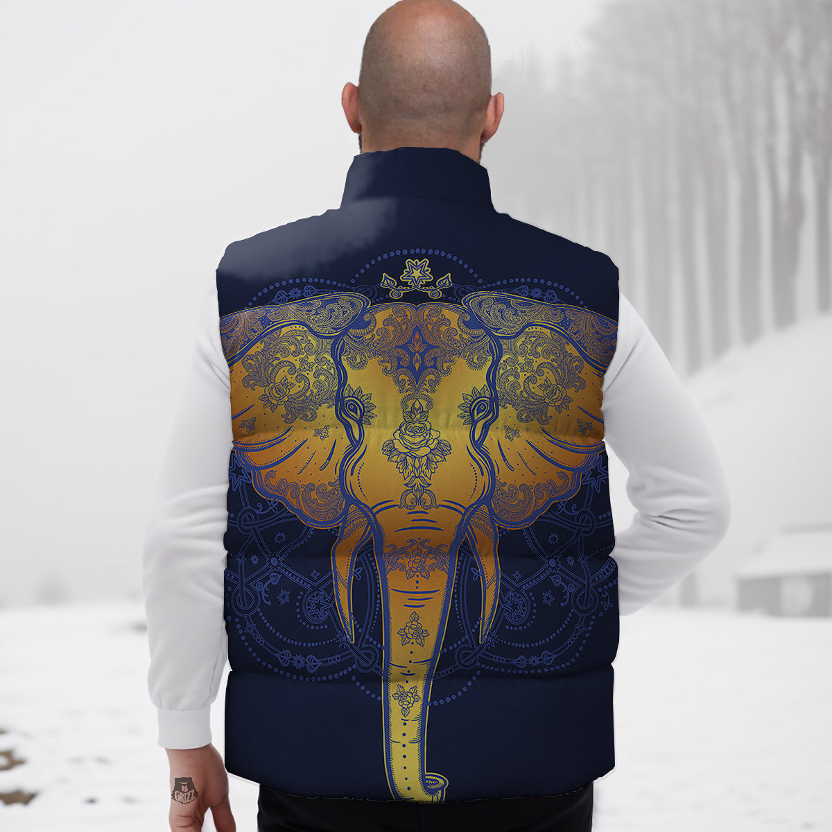 Tribal Elephant Gold And Blue Print Down Vest