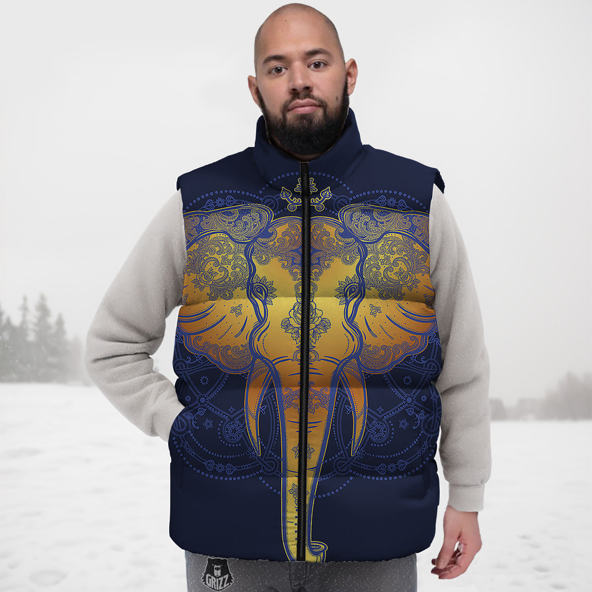 Tribal Elephant Gold And Blue Print Down Vest