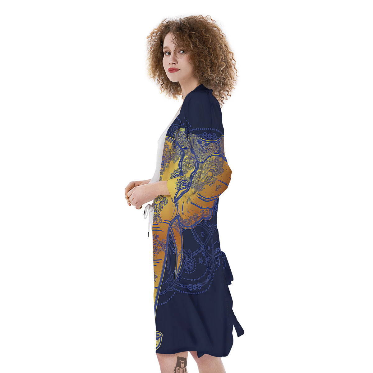 Tribal Elephant Gold And Blue Print Kimono-grizzshop