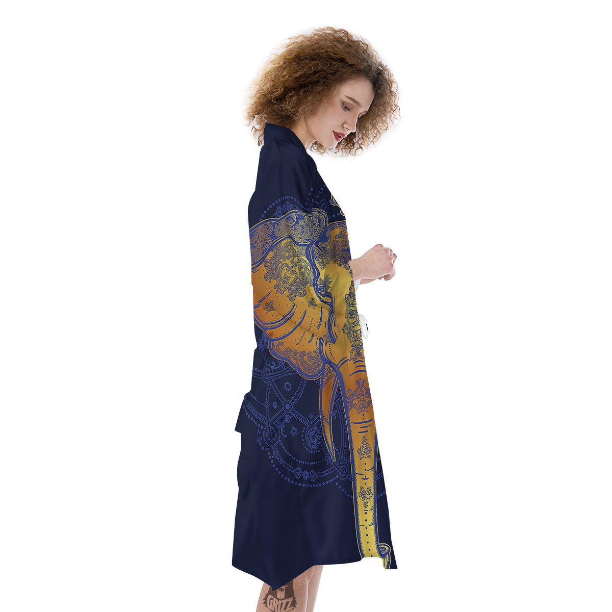 Tribal Elephant Gold And Blue Print Kimono-grizzshop