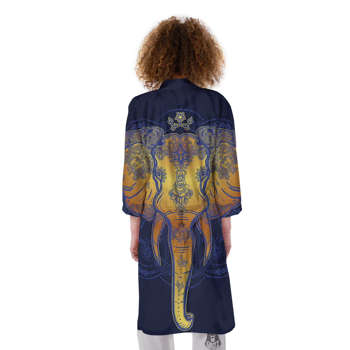 Tribal Elephant Gold And Blue Print Kimono-grizzshop