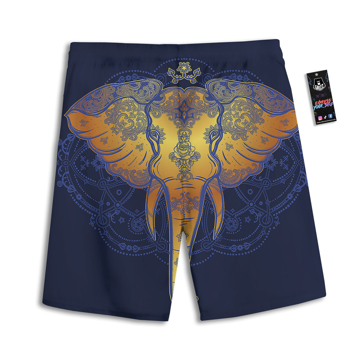 Tribal Elephant Gold And Blue Print Men's Athletic Shorts