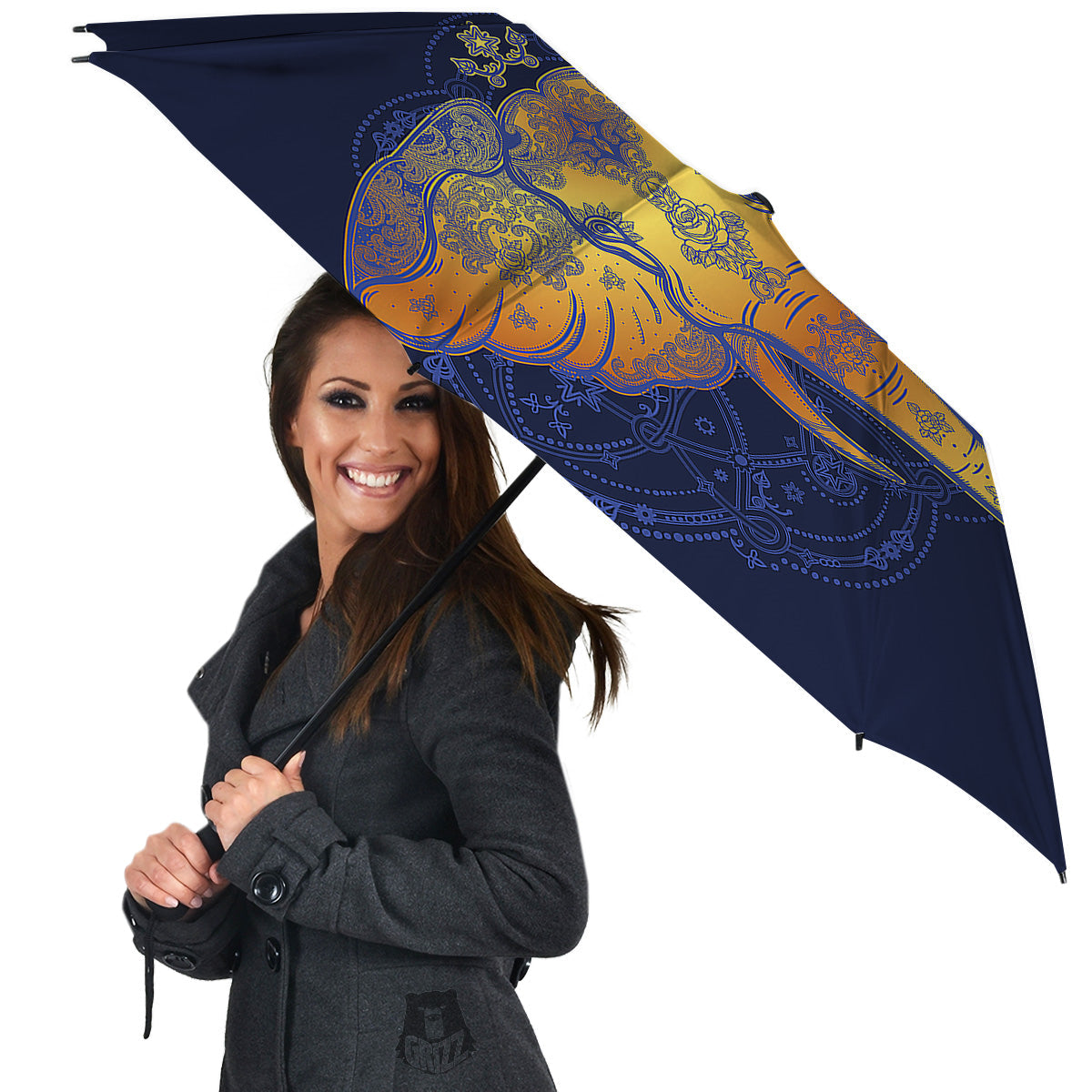Tribal Elephant Gold And Blue Print Umbrella-grizzshop