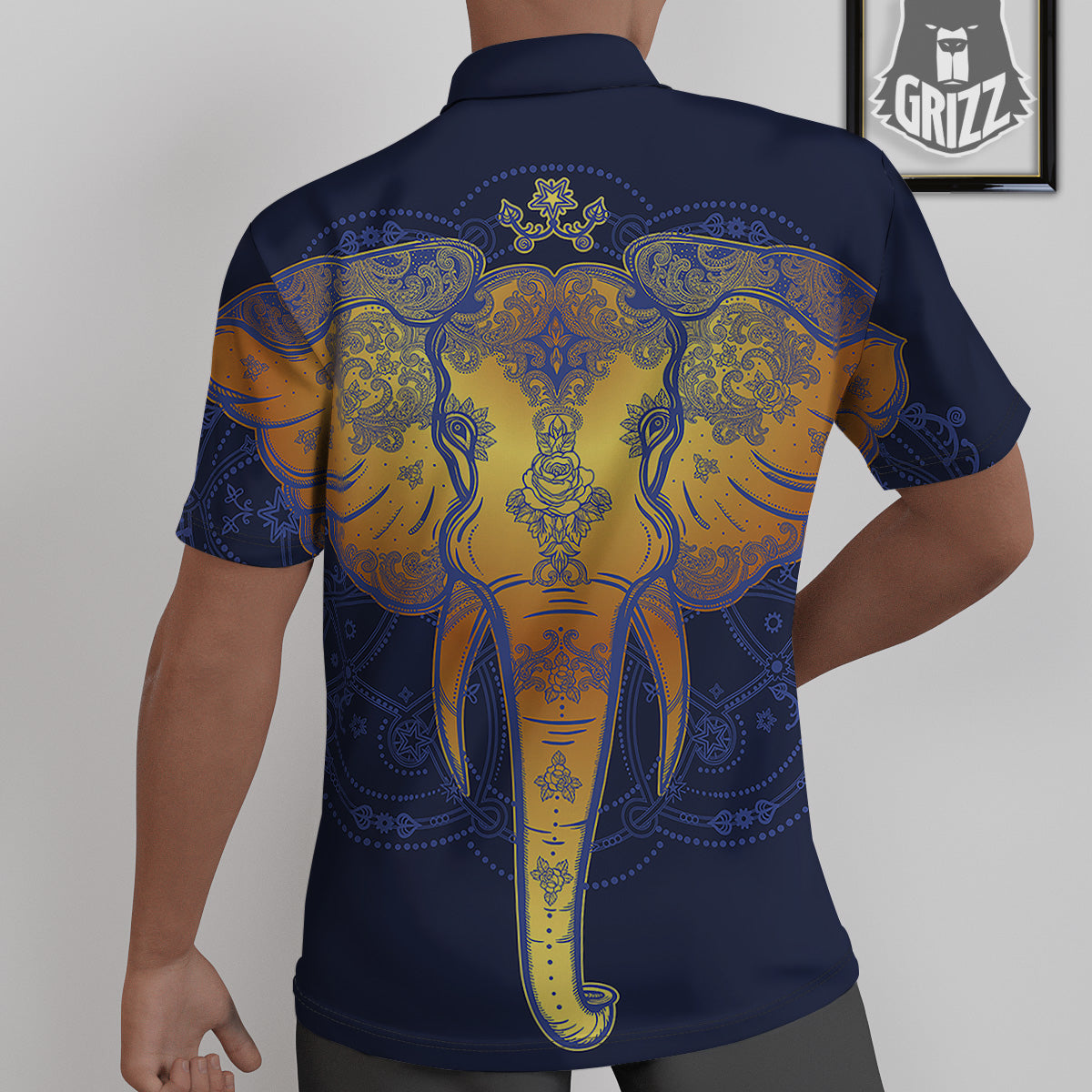 Tribal Elephant Gold And Blue Print Untucked Shirts-grizzshop