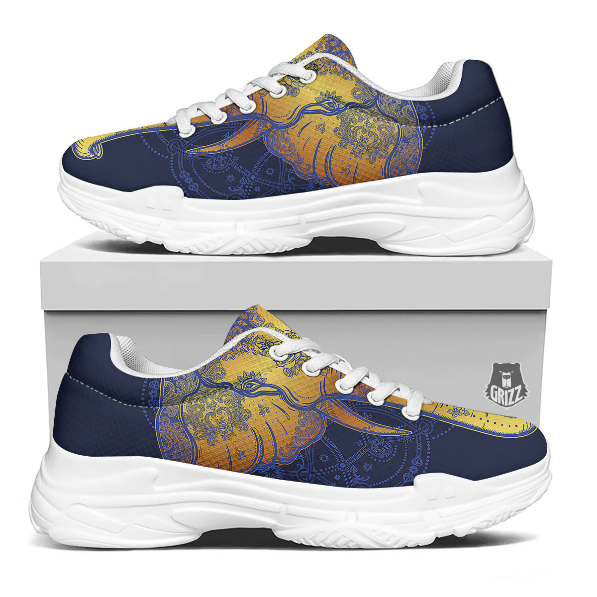 Tribal Elephant Gold And Blue Print White Chunky Shoes-grizzshop