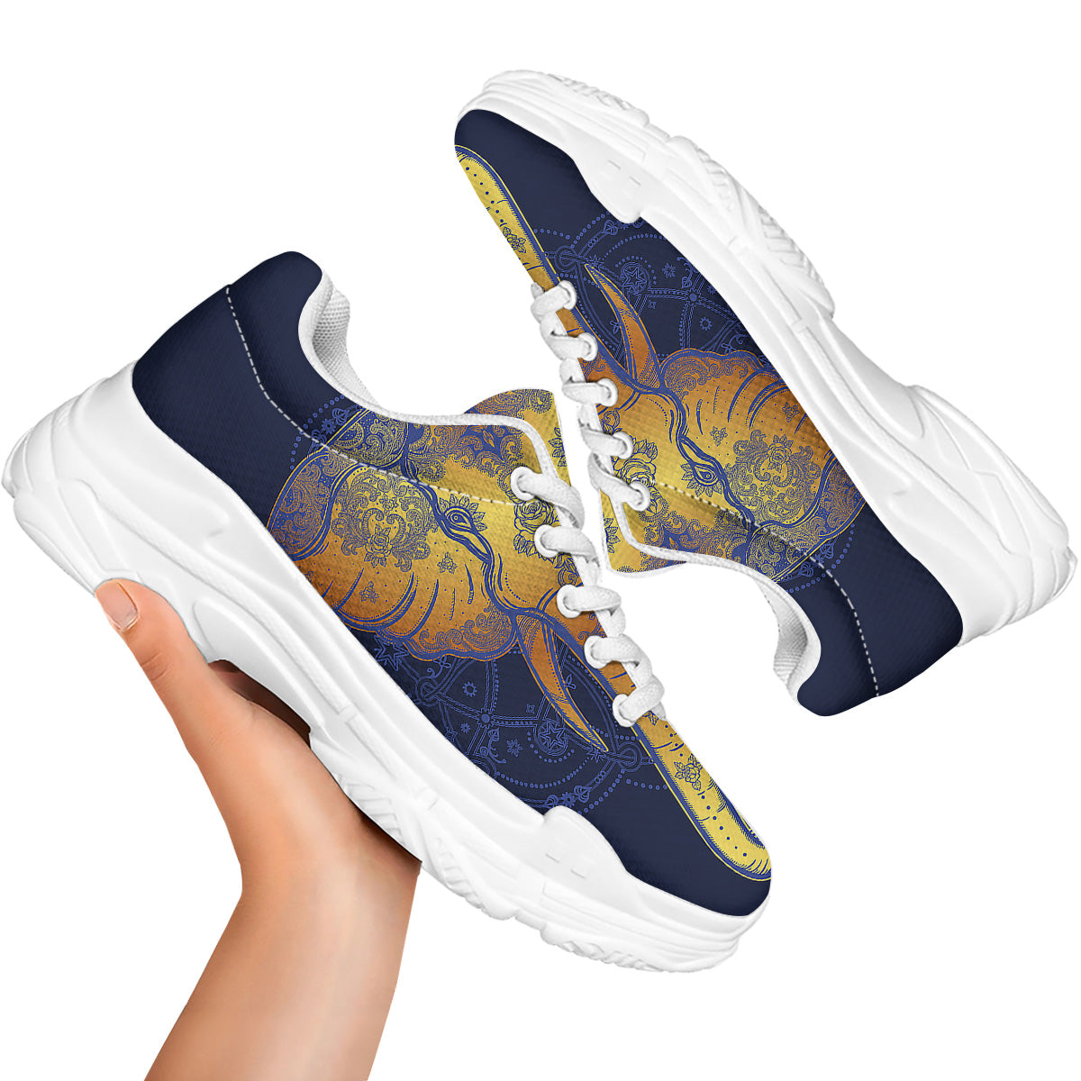 Tribal Elephant Gold And Blue Print White Chunky Shoes-grizzshop