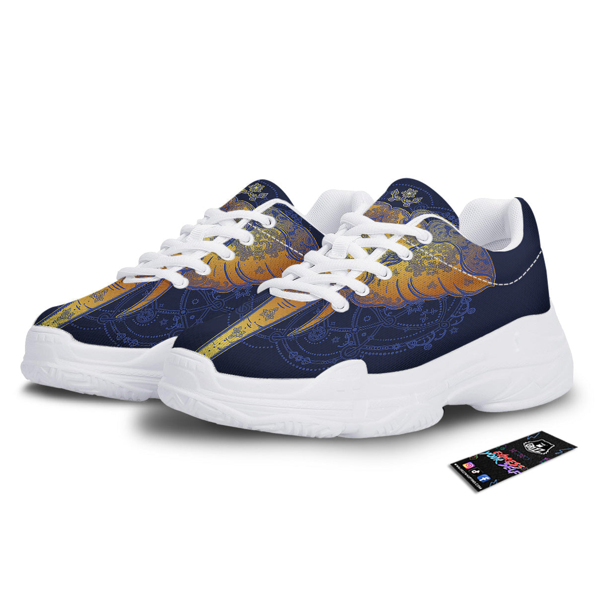 Tribal Elephant Gold And Blue Print White Chunky Shoes-grizzshop