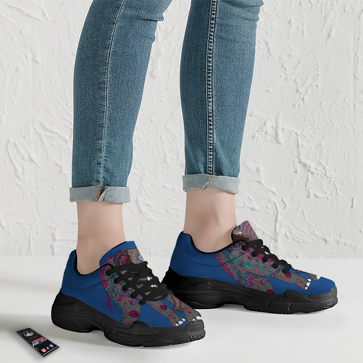 Tribal Elephant Indian Cute Print Black Chunky Shoes-grizzshop