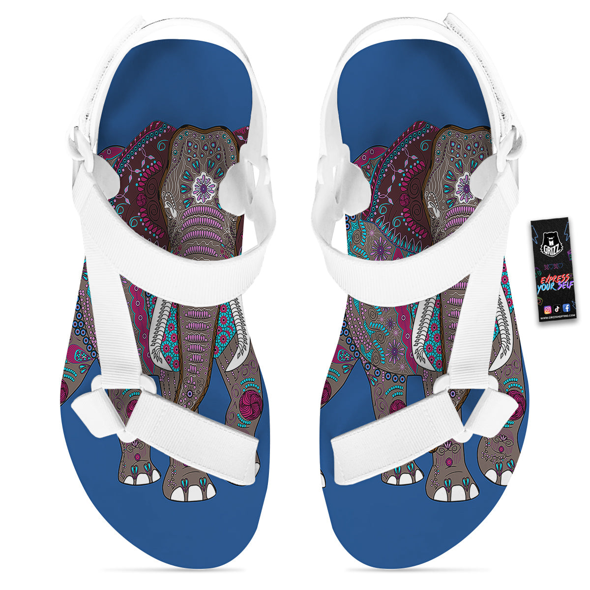 Tribal Elephant Indian Cute Print White Open Toe Sandals-grizzshop