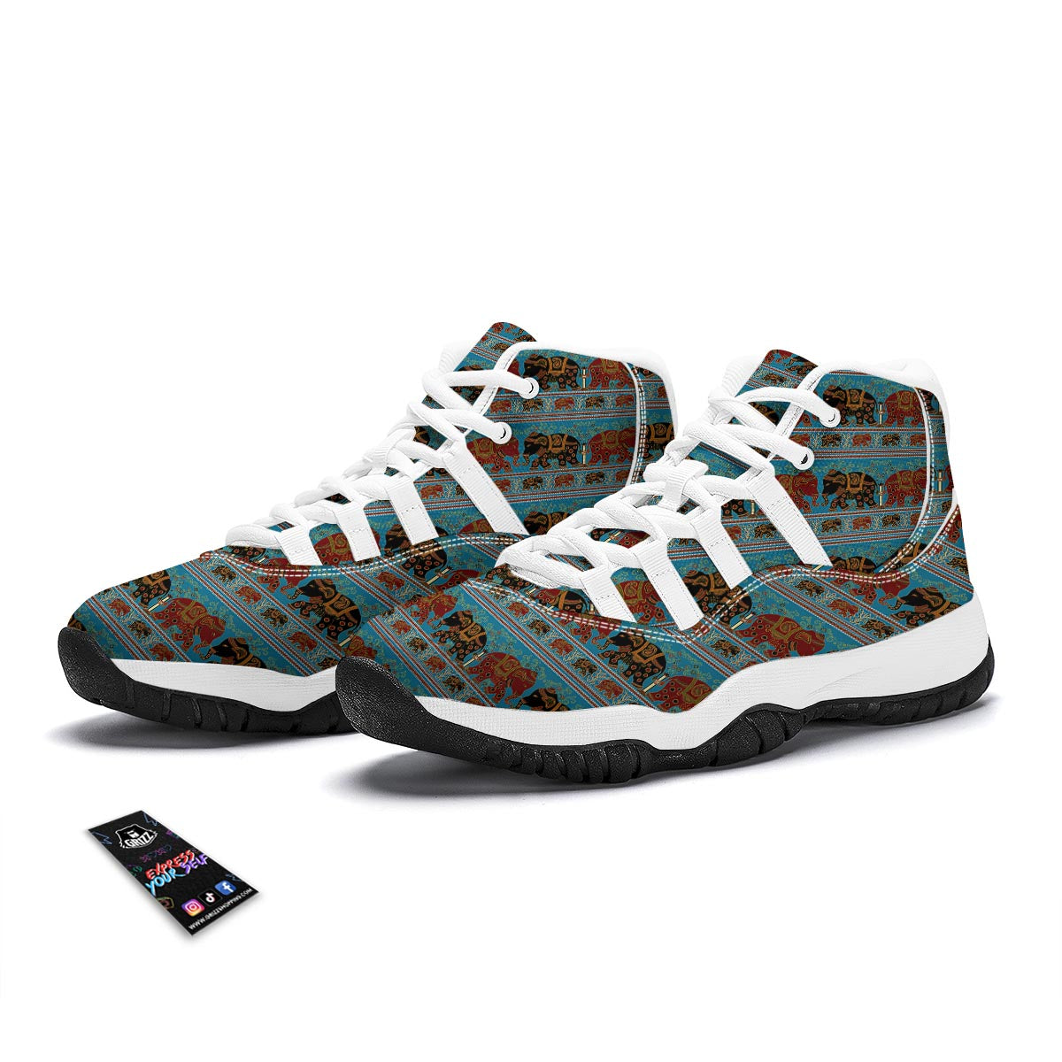 Tribal Elephant Print White Bball Shoes-grizzshop